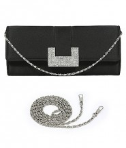 Evening Bag - Satin w/ Rhinestone Buckle Closure - Black - BG-EBS1142BK